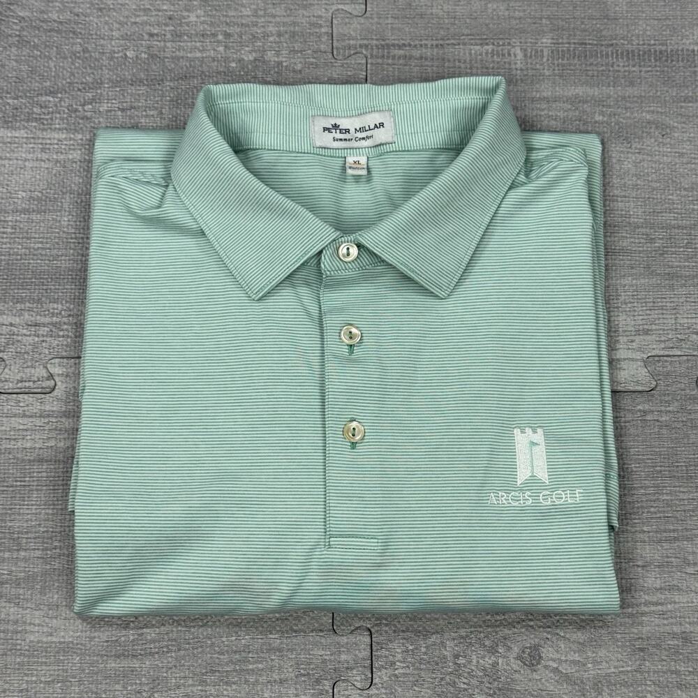 Peter Millar Summer Comfort ARCIS golf Polo Shirt Men XL Green Stripe Preppy EUC